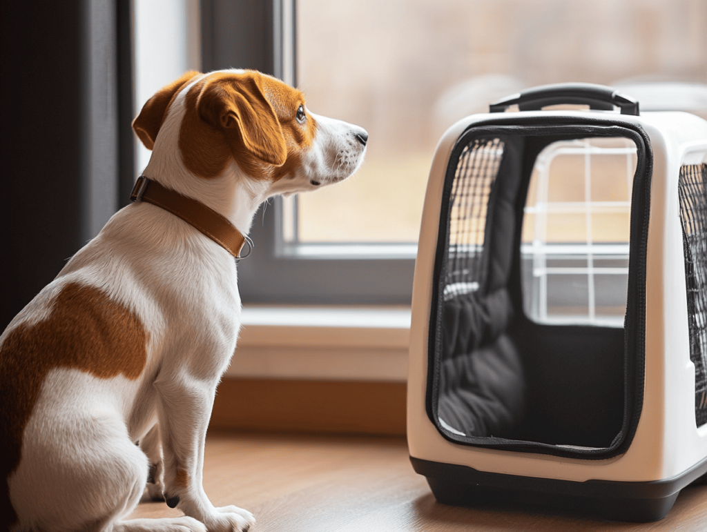 Dog looking at Dog Carrier